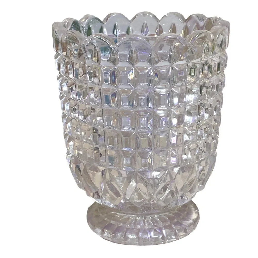 Vintage Crystal Waffle Block Pedestal Spooner 4.5” Tall